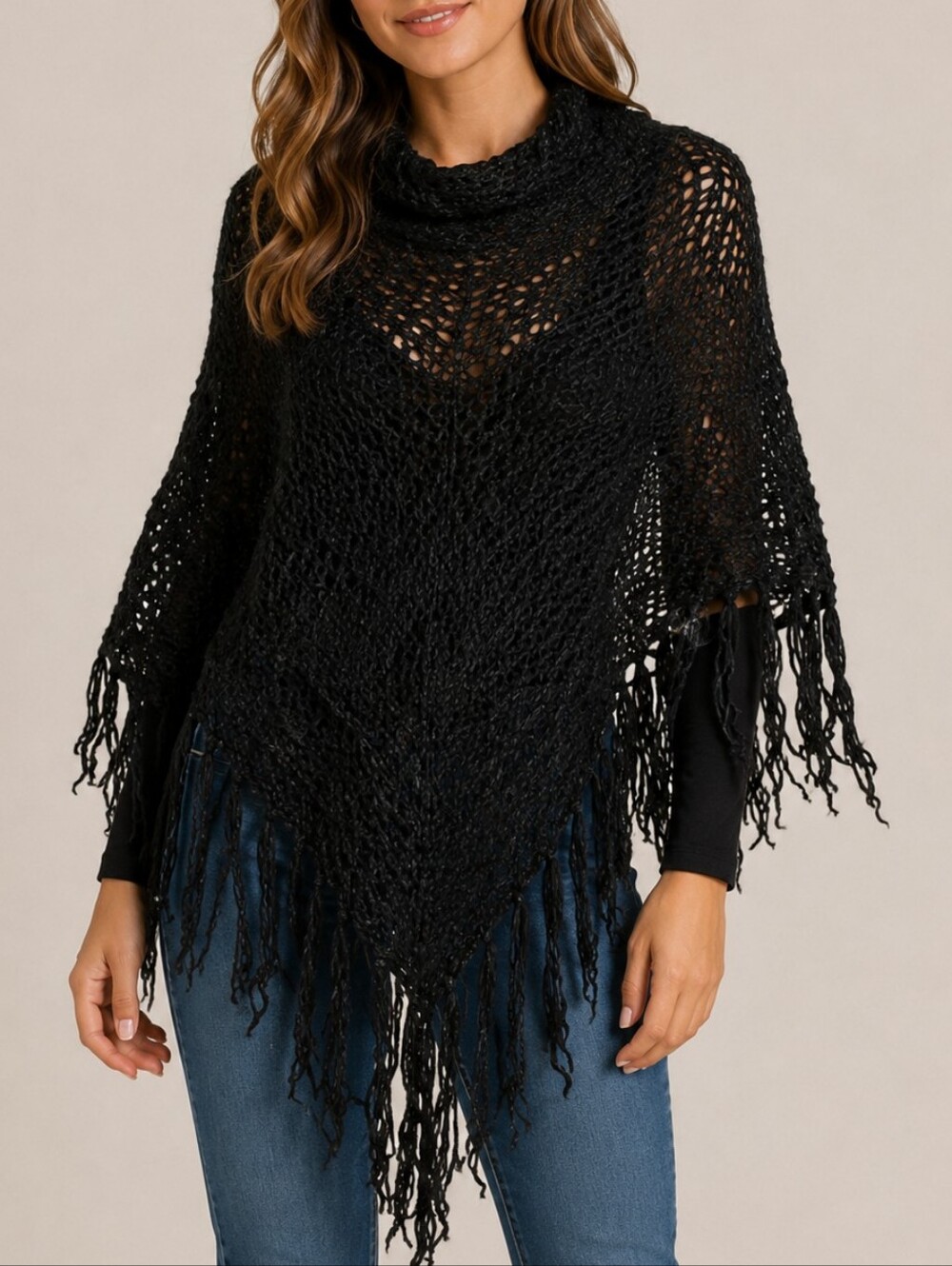 REACTION KC | Women's Black Loose-Knit Fringe Shawl Poncho OS